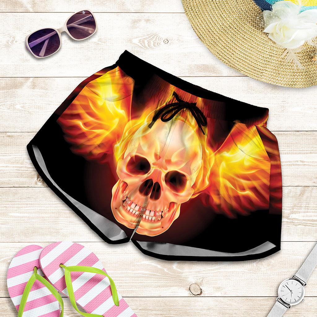 Flaming Skull With Fire Wings Print Women's Shorts