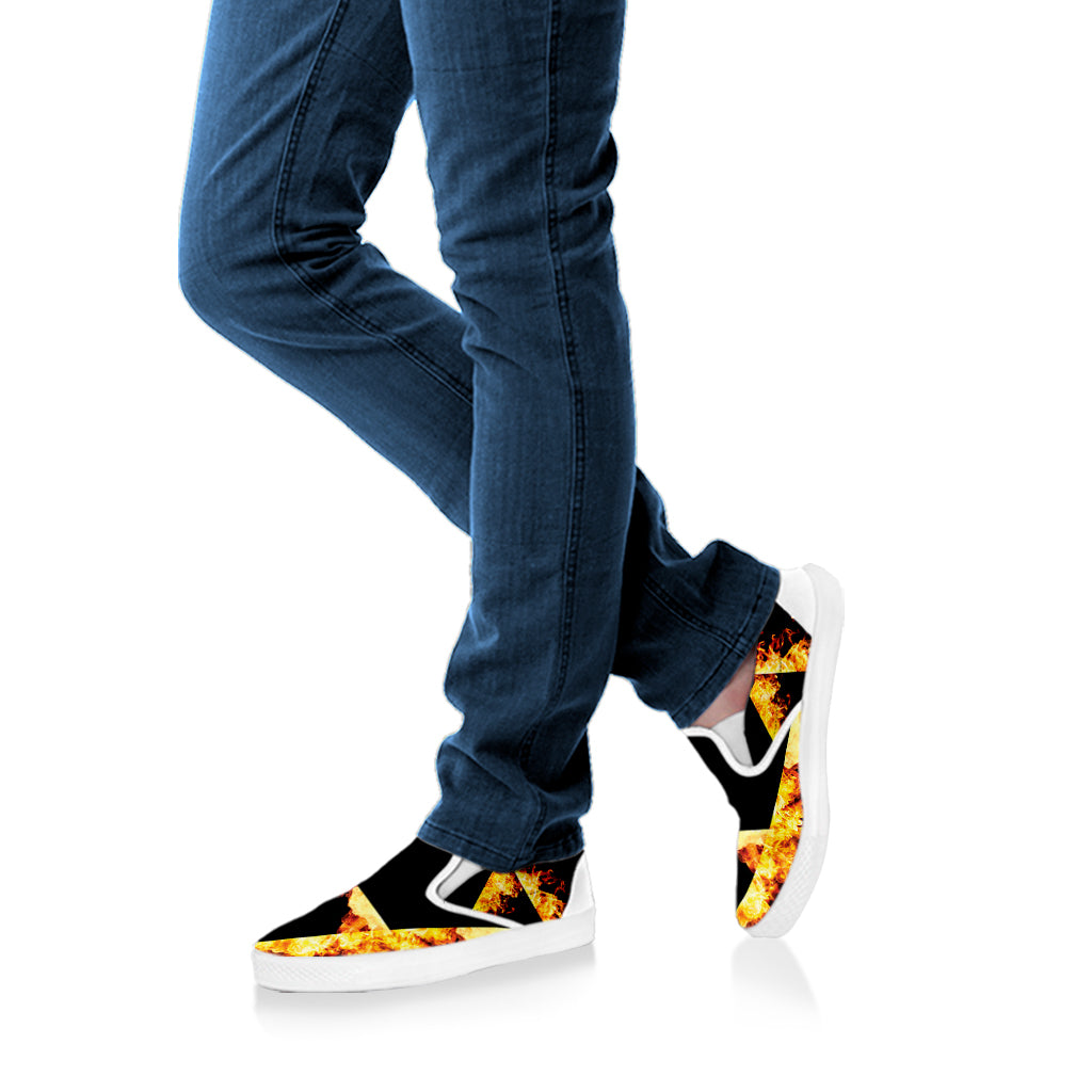 Flaming Star of David Print White Slip On Shoes