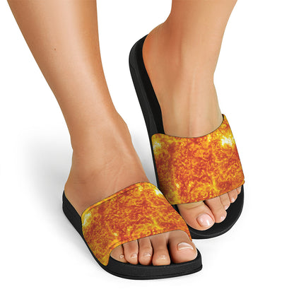 Flaming Sun Print Black Slide Sandals
