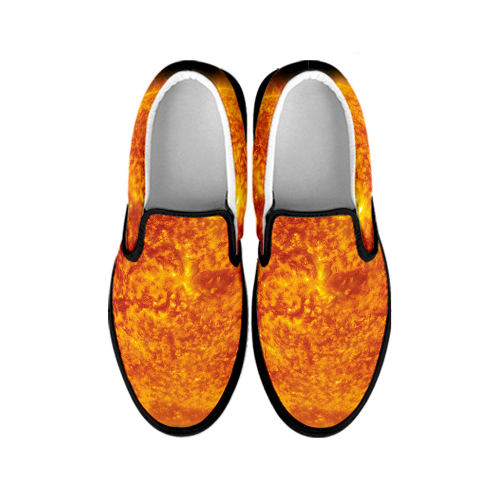 Flaming Sun Print Black Slip On Shoes
