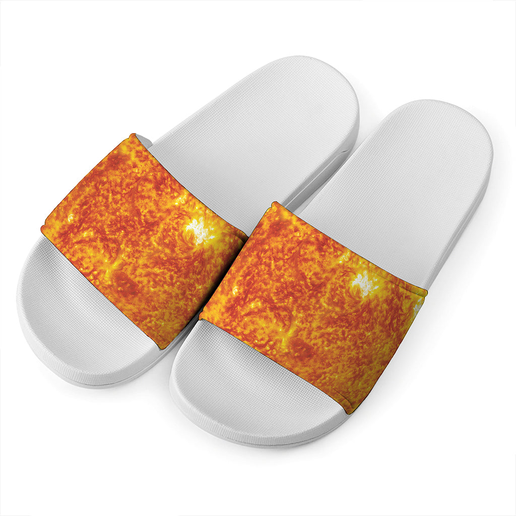 Flaming Sun Print White Slide Sandals