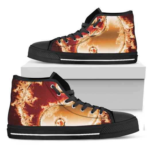 Flaming Yin Yang Print Black High Top Shoes