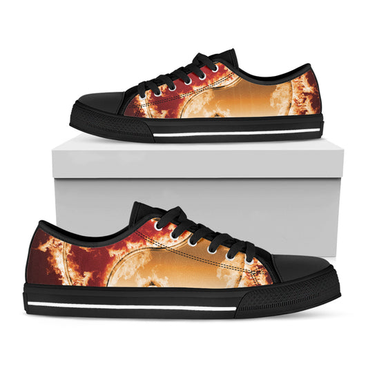 Flaming Yin Yang Print Black Low Top Shoes 