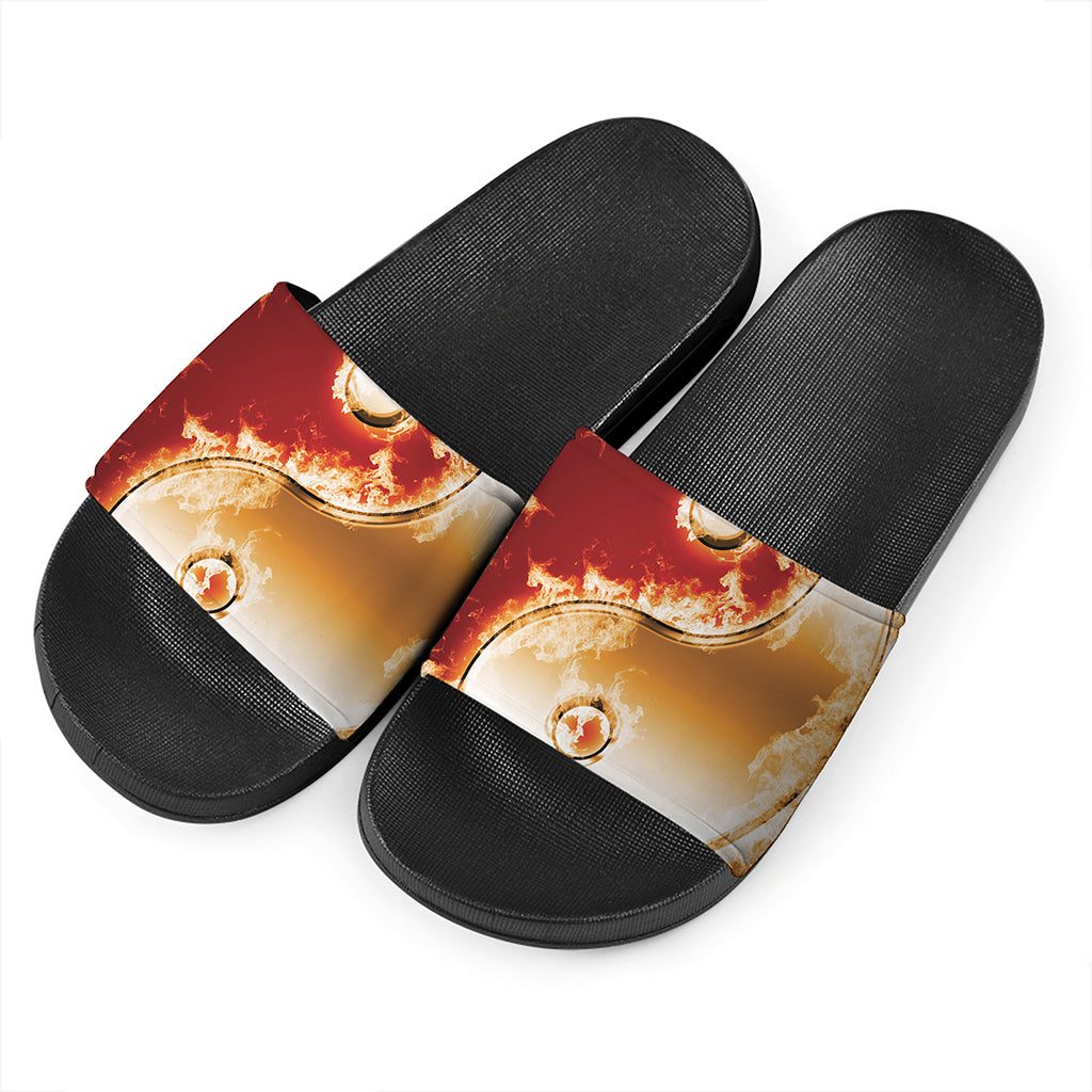 Flaming Yin Yang Print Black Slide Sandals