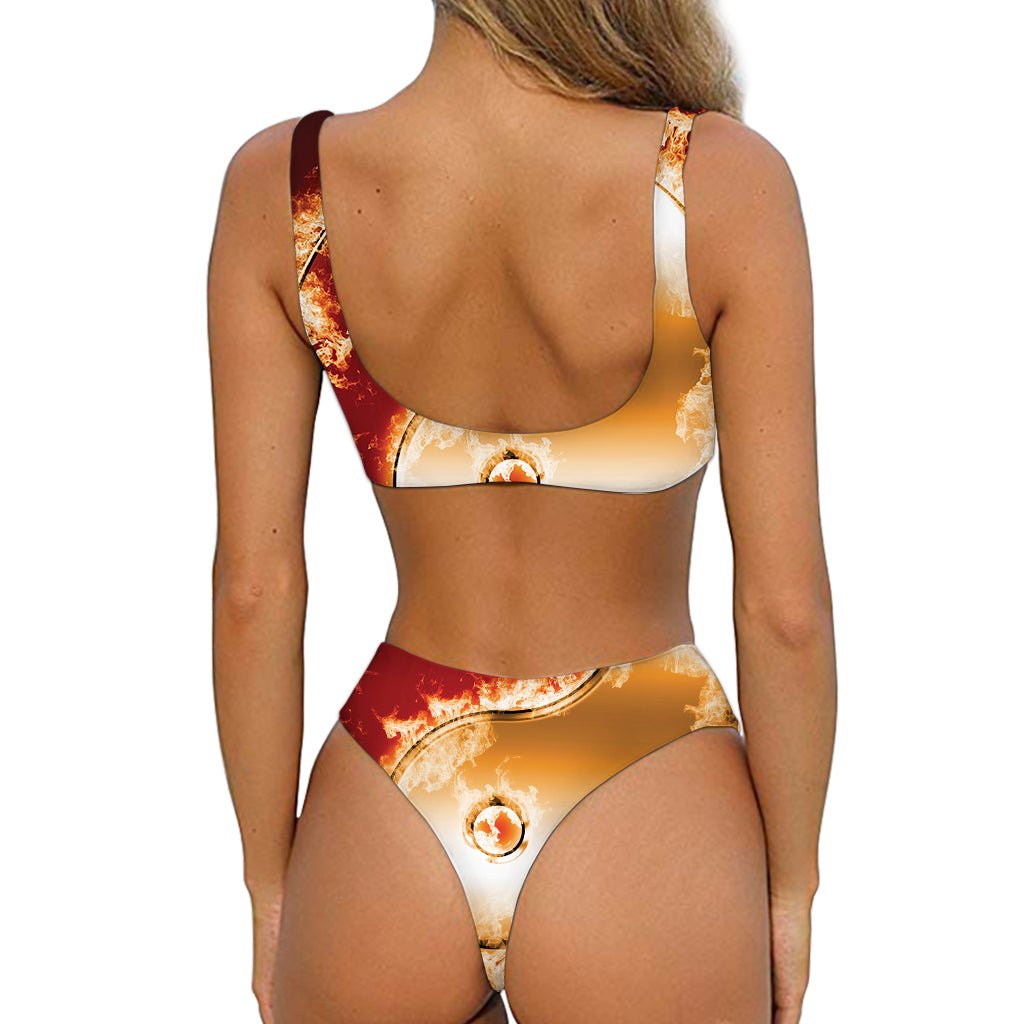 Flaming Yin Yang Print Front Bow Tie Bikini