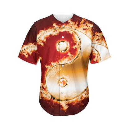 Flaming Yin Yang Print Men's Baseball Jersey