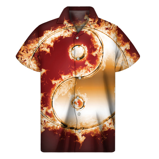 Flaming Yin Yang Print Men's Short Sleeve Shirt