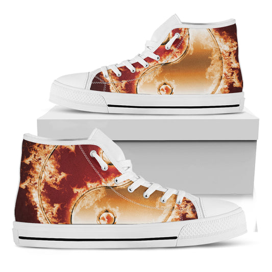 Flaming Yin Yang Print White High Top Shoes