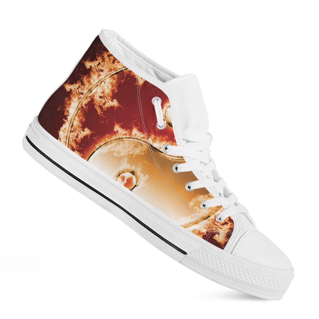 Flaming Yin Yang Print White High Top Shoes
