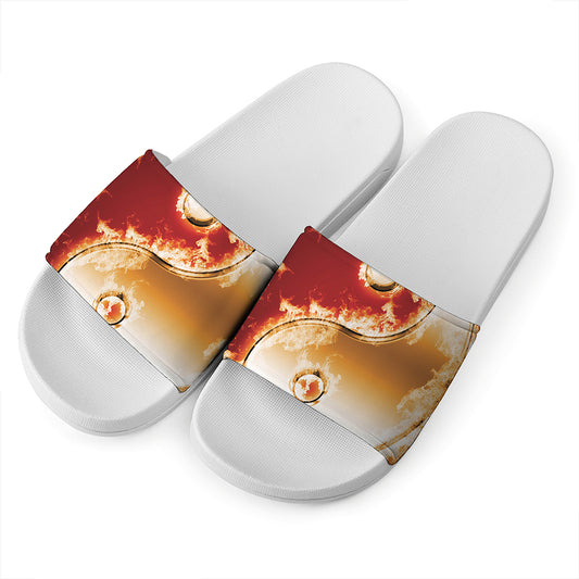 Flaming Yin Yang Print White Slide Sandals