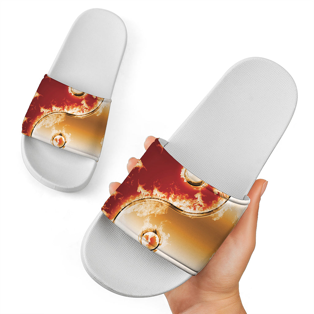 Flaming Yin Yang Print White Slide Sandals