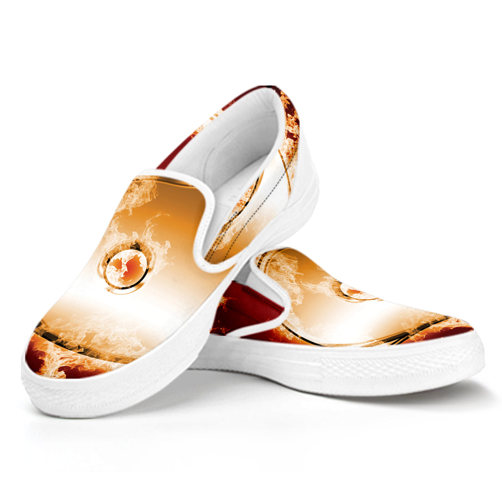 Flaming Yin Yang Print White Slip On Shoes