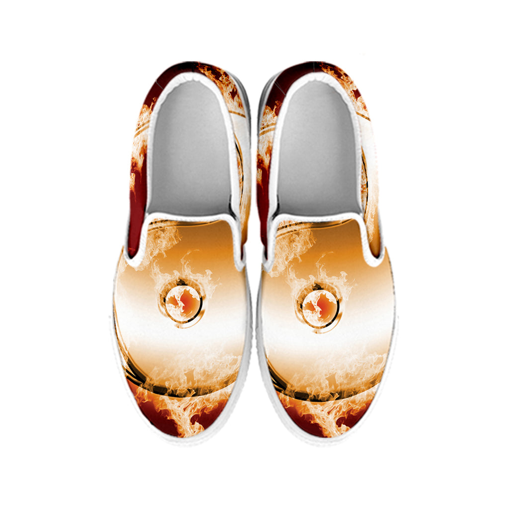 Flaming Yin Yang Print White Slip On Shoes