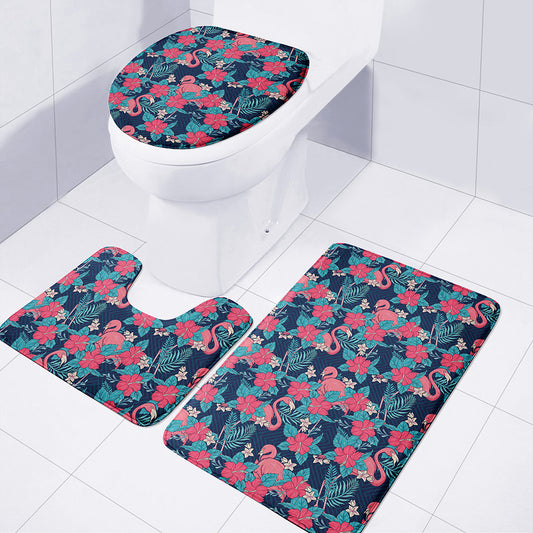 Flamingo And Hawaiian Floral Print 3 Piece Bath Mat Set