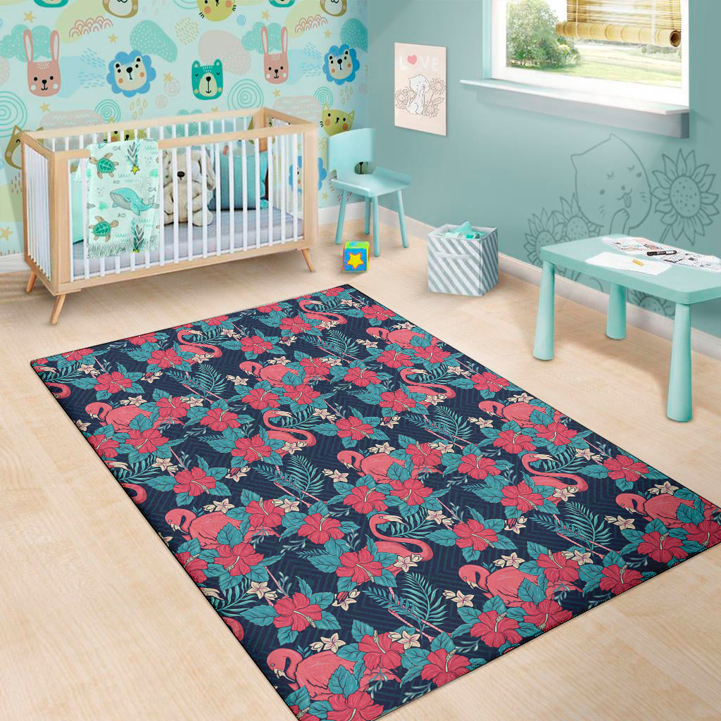 Flamingo And Hawaiian Floral Print Area Rug