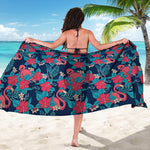 Flamingo And Hawaiian Floral Print Beach Sarong Wrap