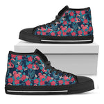 Flamingo And Hawaiian Floral Print Black High Top Shoes