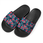 Flamingo And Hawaiian Floral Print Black Slide Sandals