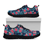 Flamingo And Hawaiian Floral Print Black Sneakers