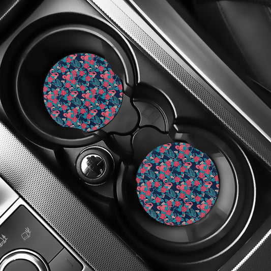 Flamingo And Hawaiian Floral Print Car Coasters