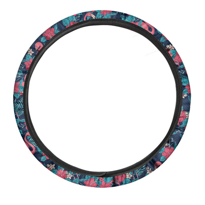 Flamingo And Hawaiian Floral Print Car Steering Wheel Cover