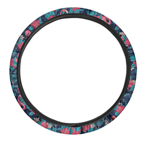 Flamingo And Hawaiian Floral Print Car Steering Wheel Cover