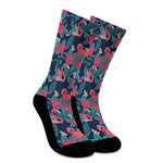 Flamingo And Hawaiian Floral Print Crew Socks