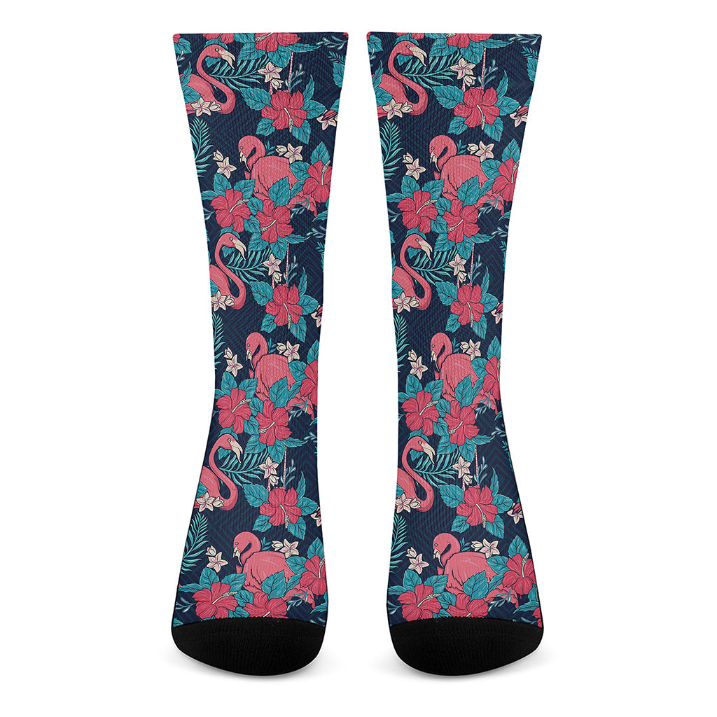 Flamingo And Hawaiian Floral Print Crew Socks