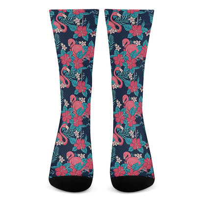Flamingo And Hawaiian Floral Print Crew Socks