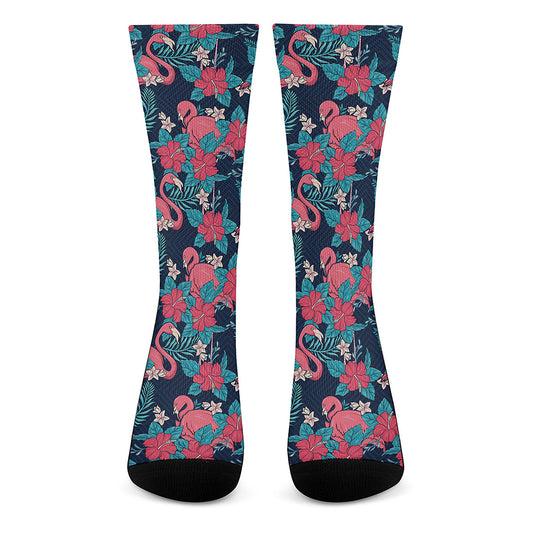 Flamingo And Hawaiian Floral Print Crew Socks