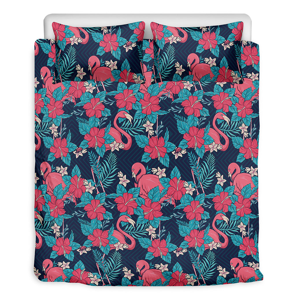 Flamingo And Hawaiian Floral Print Duvet Cover Bedding Set