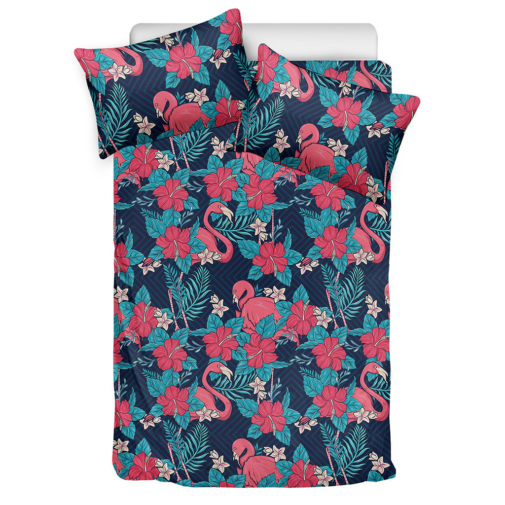 Flamingo And Hawaiian Floral Print Duvet Cover Bedding Set