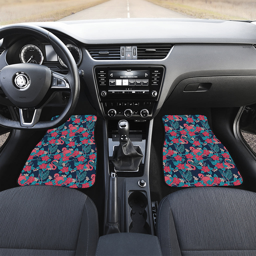 Flamingo And Hawaiian Floral Print Front and Back Car Floor Mats