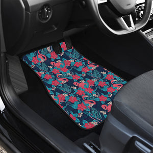 Flamingo And Hawaiian Floral Print Front and Back Car Floor Mats