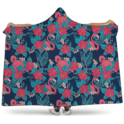 Flamingo And Hawaiian Floral Print Hooded Blanket