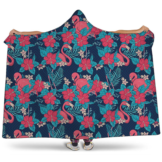 Flamingo And Hawaiian Floral Print Hooded Blanket