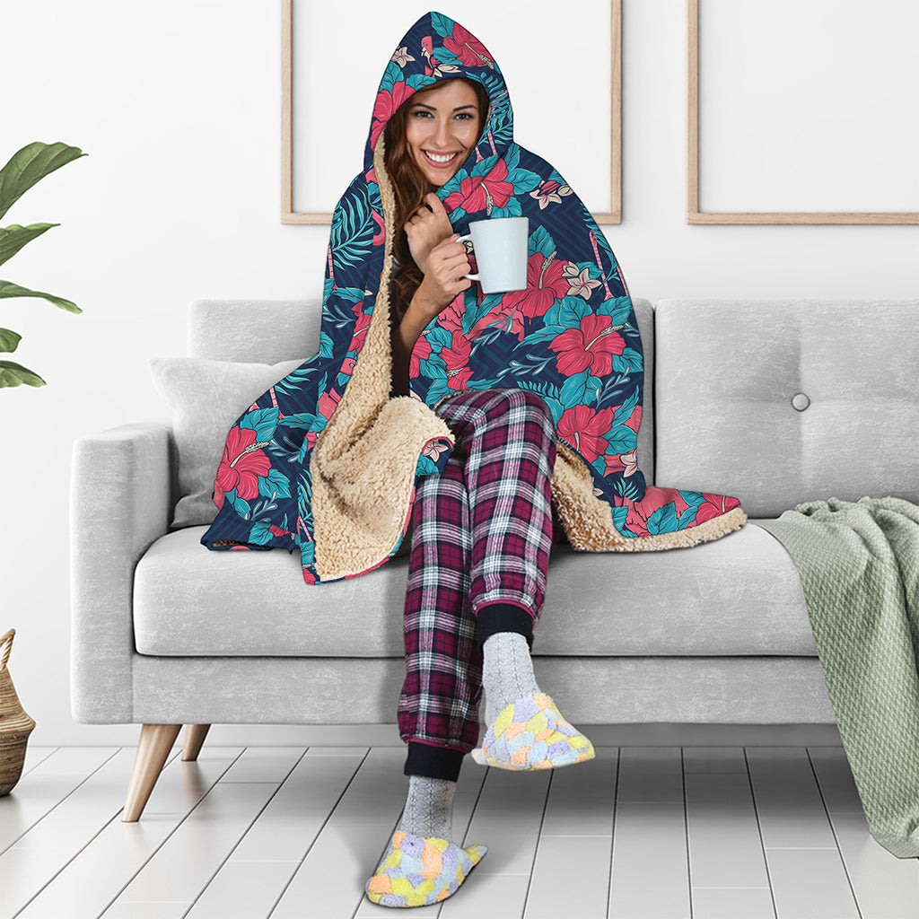 Flamingo And Hawaiian Floral Print Hooded Blanket