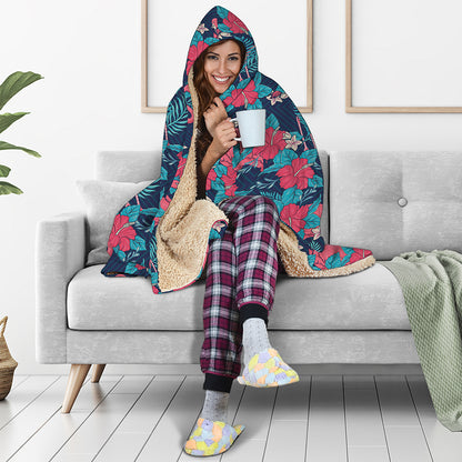 Flamingo And Hawaiian Floral Print Hooded Blanket