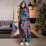 Flamingo And Hawaiian Floral Print Hooded Blanket