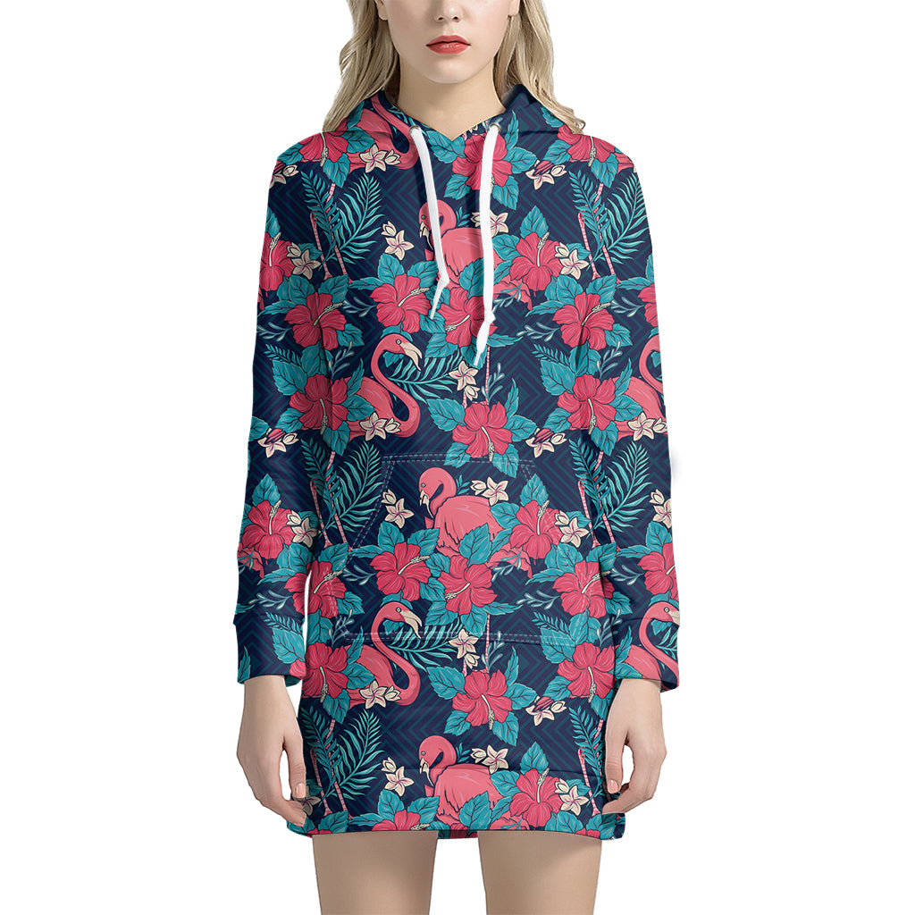 Flamingo And Hawaiian Floral Print Hoodie Dress