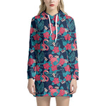 Flamingo And Hawaiian Floral Print Hoodie Dress
