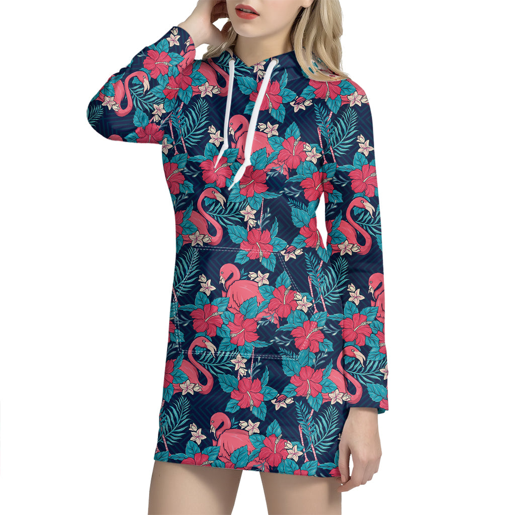 Flamingo And Hawaiian Floral Print Hoodie Dress