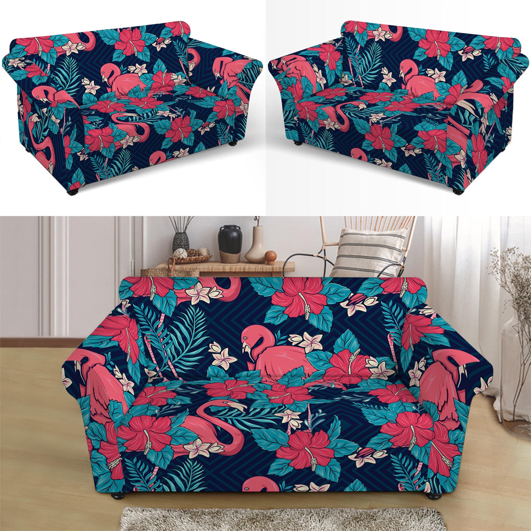 Flamingo And Hawaiian Floral Print Loveseat Slipcover