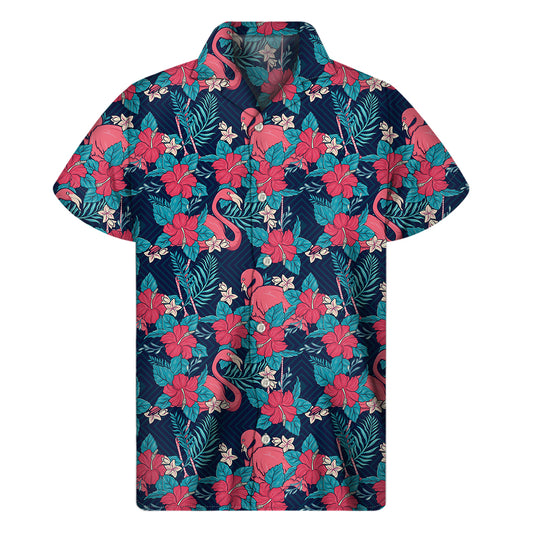 Flamingo And Hawaiian Floral Print Men's Short Sleeve Shirt