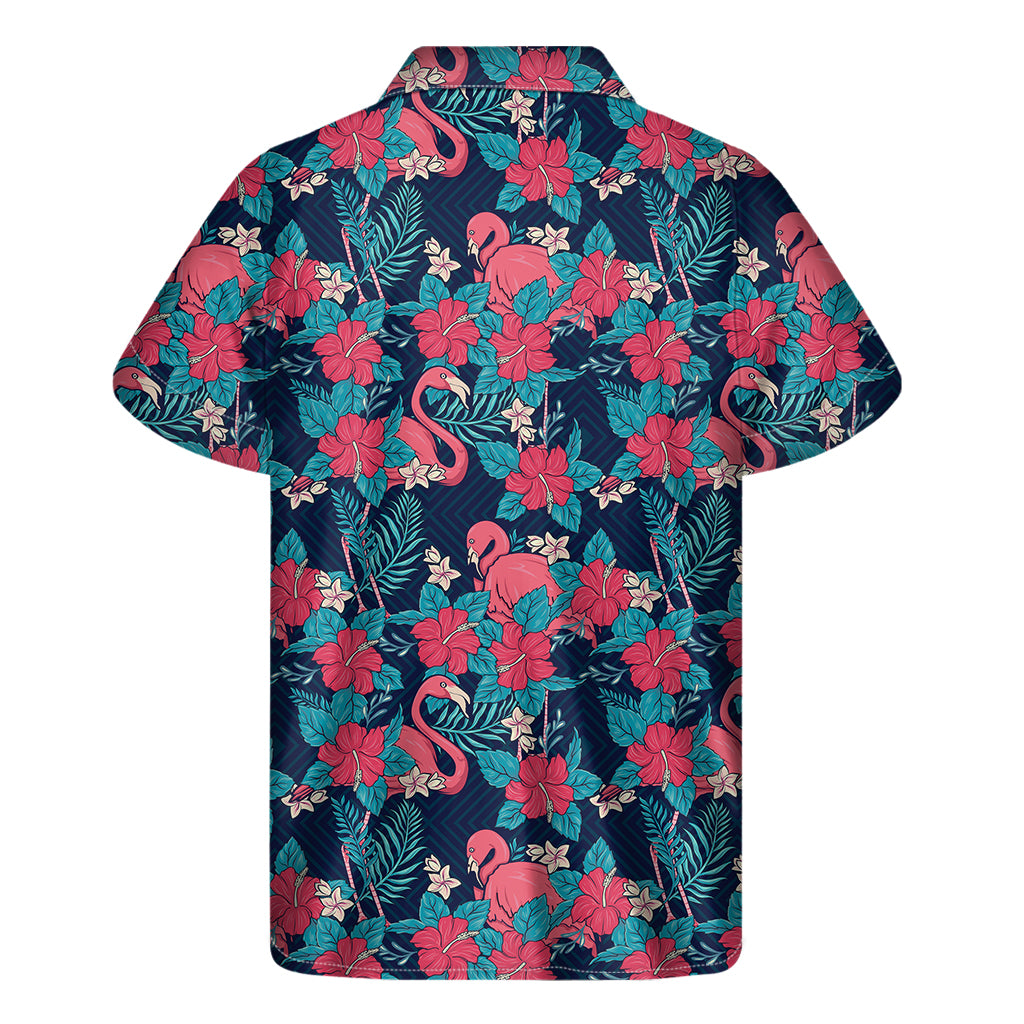 Flamingo And Hawaiian Floral Print Men's Short Sleeve Shirt