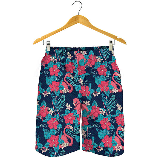 Flamingo And Hawaiian Floral Print Men's Shorts