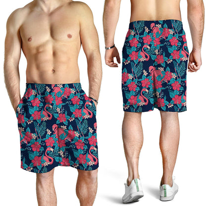 Flamingo And Hawaiian Floral Print Men's Shorts