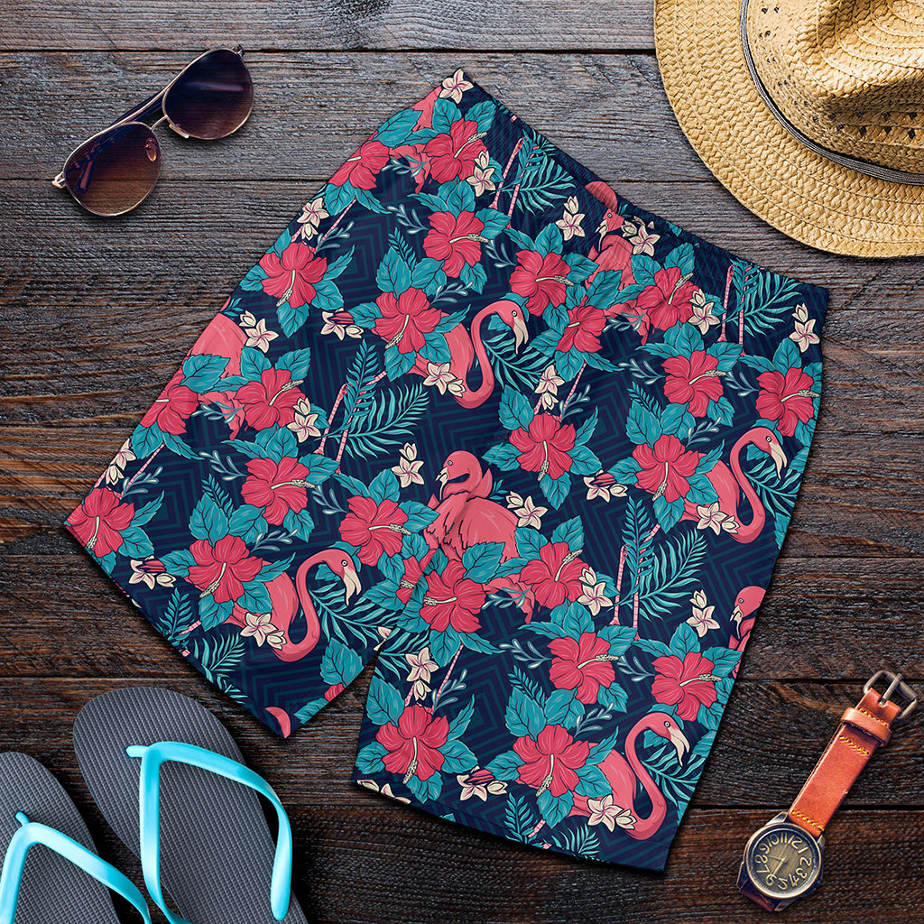 Flamingo And Hawaiian Floral Print Men's Shorts