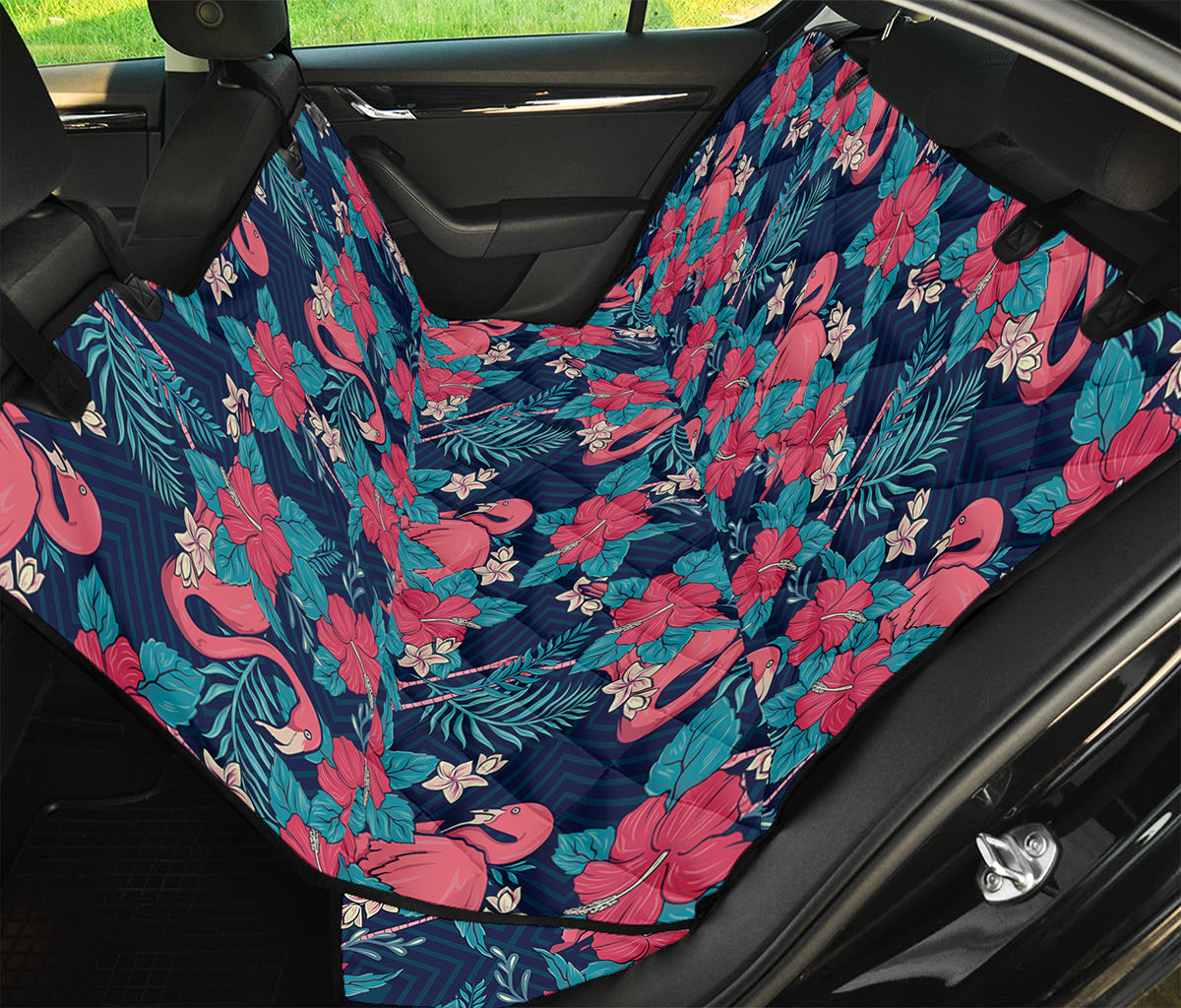 Flamingo And Hawaiian Floral Print Pet Car Back Seat Cover