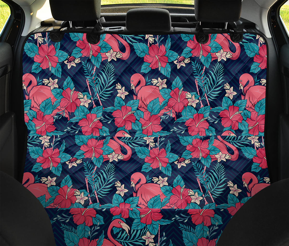 Flamingo And Hawaiian Floral Print Pet Car Back Seat Cover